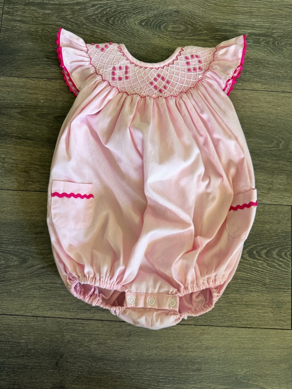 Sz 9m Pink Smockingbird Baby Bubble Romper with Hot Pink Trim